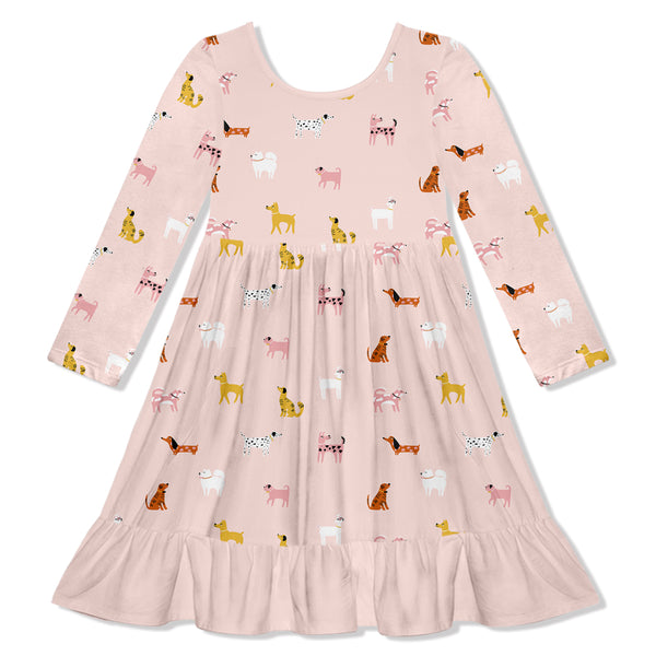 Pale Pink Doggies Ruffle-Hem Dress