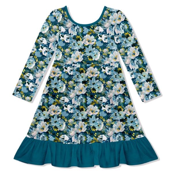 Teal Floral Ruffle-Hem Dress