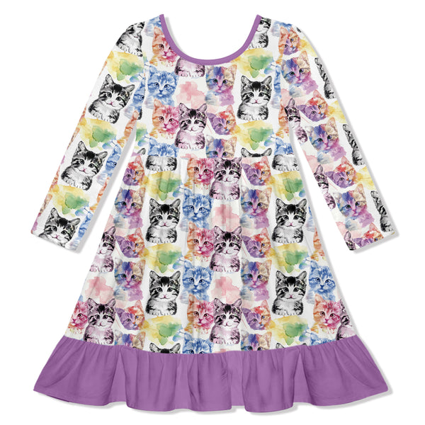 Watercolor Cats Ruffle-Hem Dress