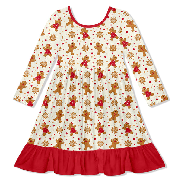 Cream Gingerbread Ruffle-Hem Dress
