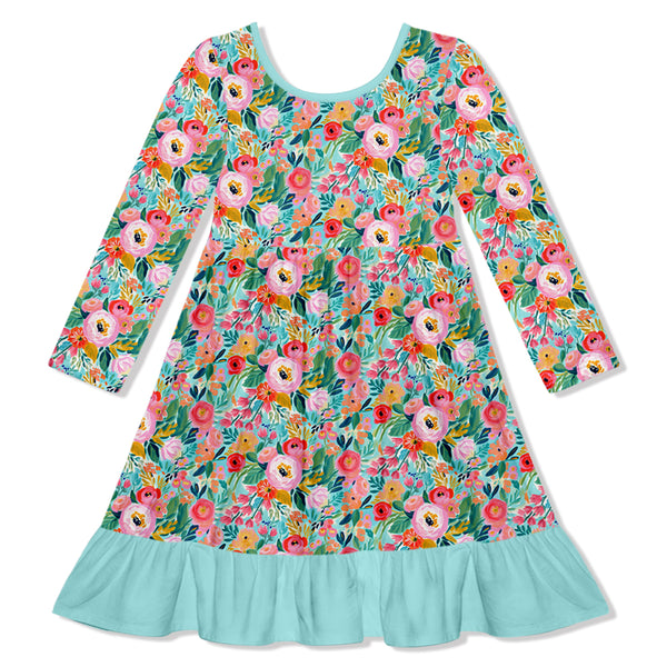 Mint Spring Floral Ruffle-Hem Dress