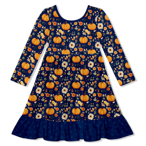 Dark Navy Pumpkin Leaves Ruffle-Hem Dress