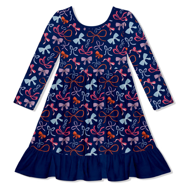 Kids Navy Bows Ruffle-Hem Dress