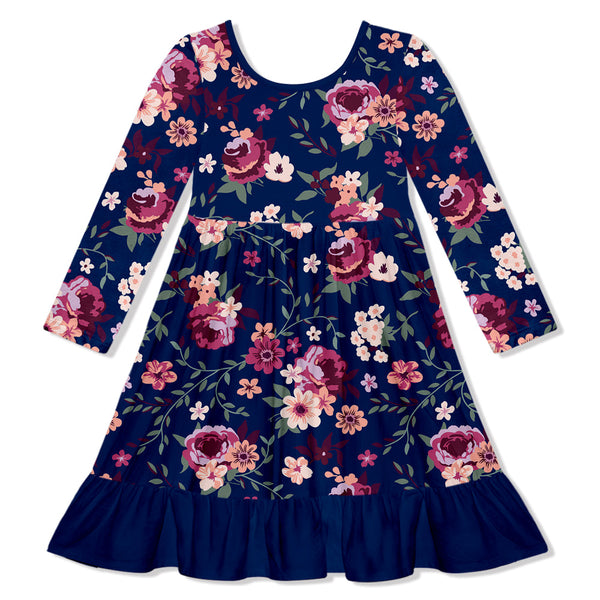 Kids Navy Willow Floral Ruffle-Hem Dress