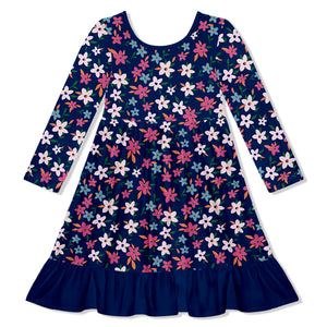 Kids Navy Floral Fancy Ruffle-Hem Dress