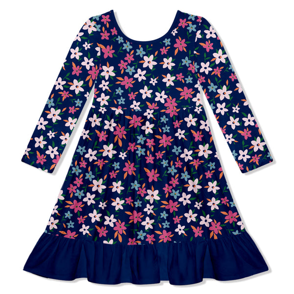 Kids Navy Floral Fancy Ruffle-Hem Dress