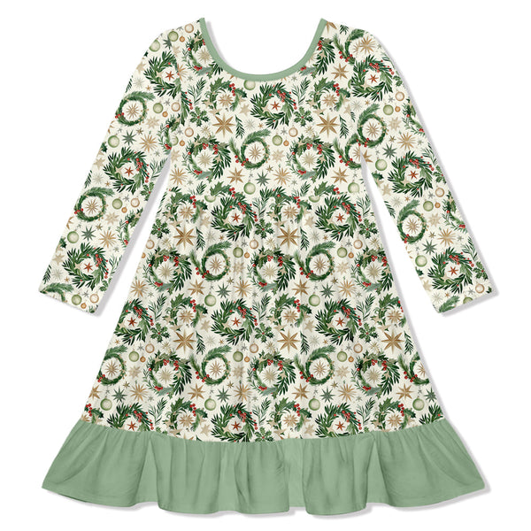 Kids Cream Christmas Wreaths Ruffle-Hem Dress