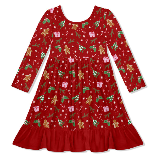 Kids Red Christmas Holly Ruffle Hem Dress