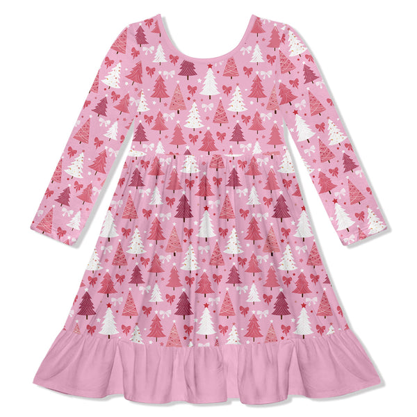 Kids Pink Christmas Trees Ruffle Hem Dress