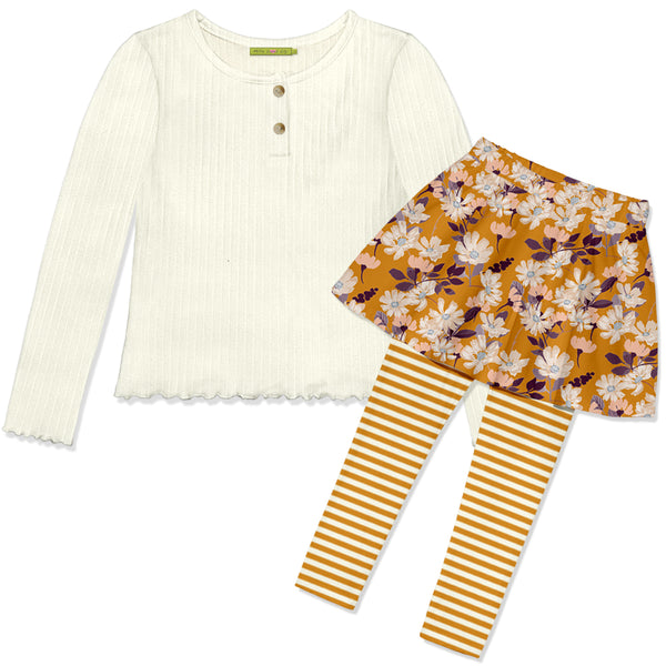 Cream Ribbed Top & Marigold Floral Skirted Leggings