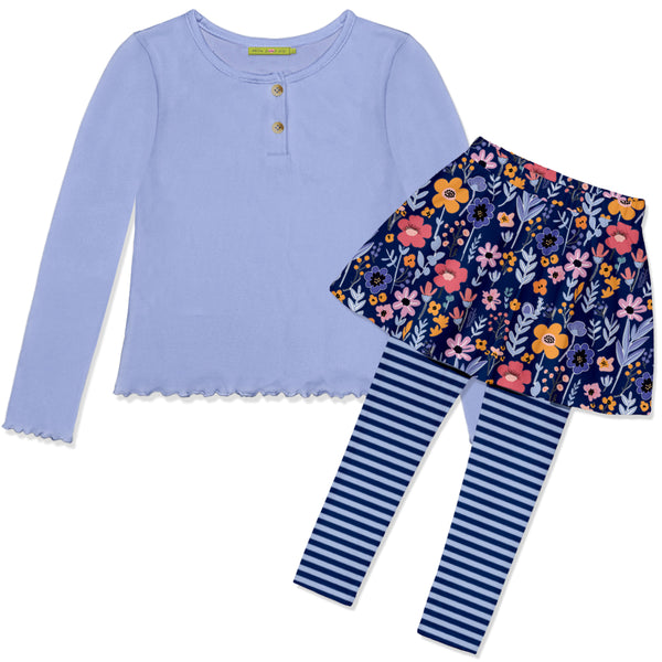 Periwinkle Ribbed Top & Navy Floral Skirted Leggings