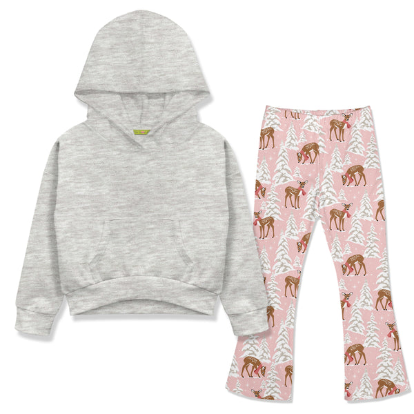 Gray Heather Hoodie & Winter Deers Flare Leggings