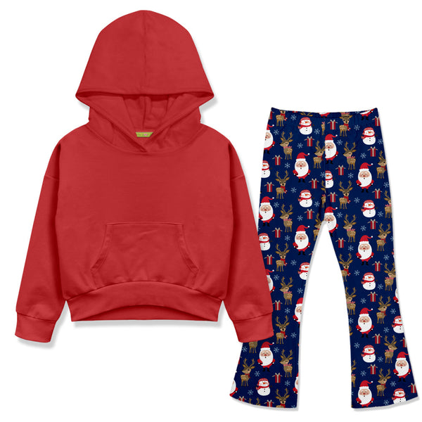 Kids Red Hoodie & Navy Santa Deer Flare Leggings