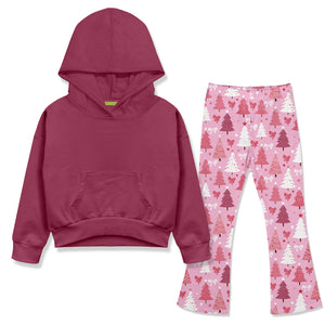 Kids Slate Rose Hoodie & Pink Christmas Tree Flare Leggings