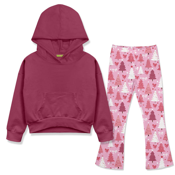 Kids Slate Rose Hoodie & Pink Christmas Tree Flare Leggings