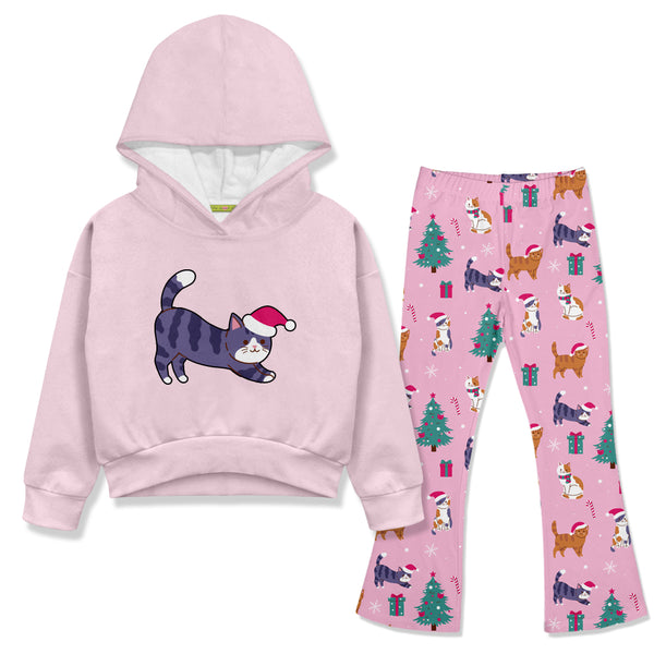 Light Pink Velour Hoodie & Christmas Forest Flare Leggings