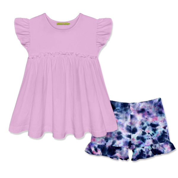 Kids Lilac Baby-Doll Top & Tie-Dye Shorts