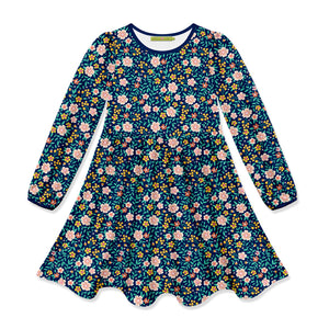Kids Teal Floral Cluster Long-Sleeve Dress