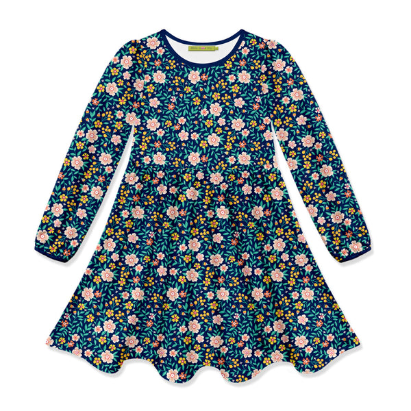 Kids Teal Floral Cluster Long-Sleeve Dress