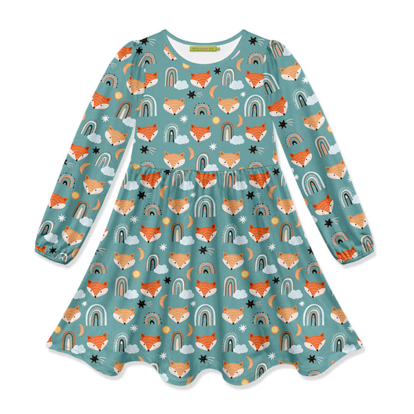 Kids Nile Blue Rainbow Fox Long-Sleeve Dress