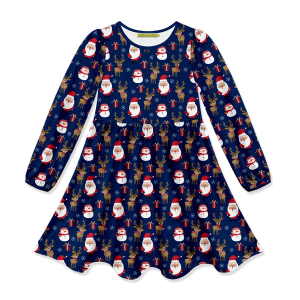 Kids Navy Santa & Deer Long Sleeve Dress