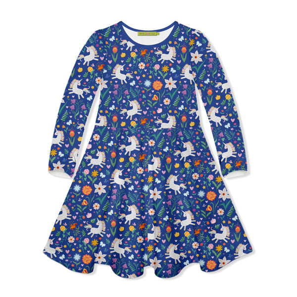 Kids Blue Unicorn Prance Yoke A-Line Dress