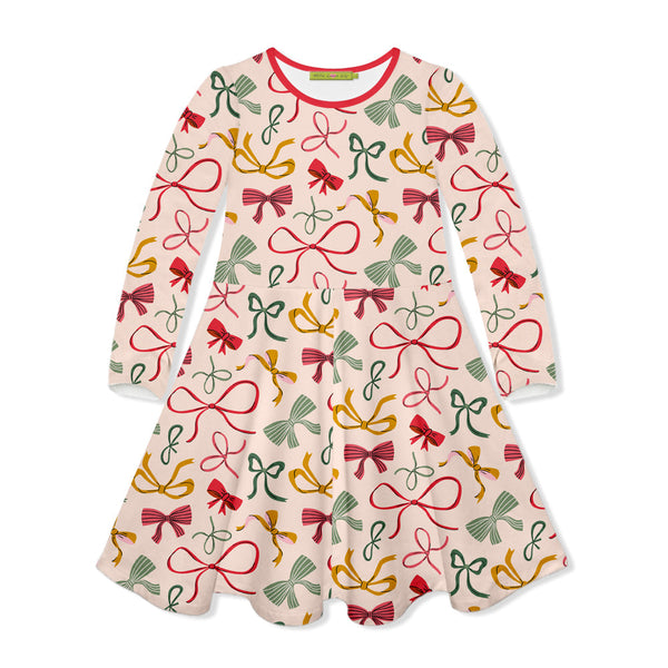 Kids Light Pink Holiday Bows Yoke A-Line Dress