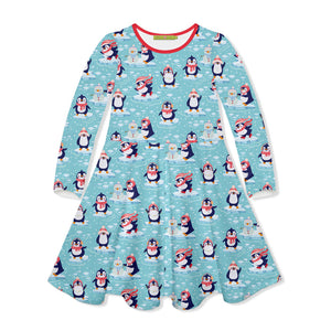 Kids Ice Blue Penguins Yoke A-Line Dress