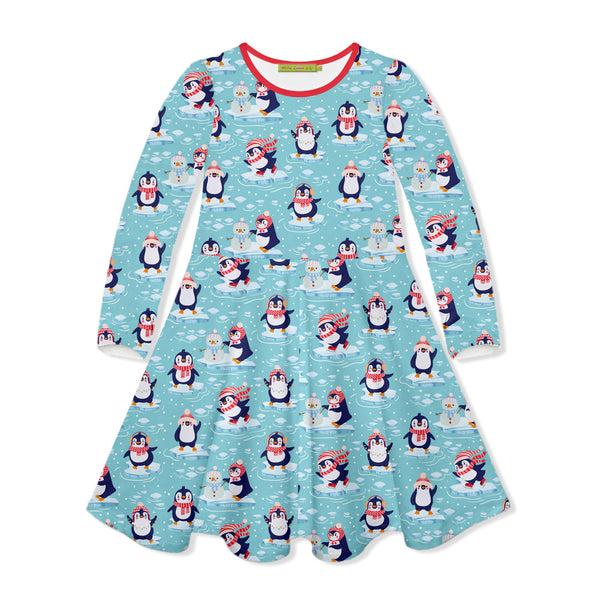 Kids Ice Blue Penguins Yoke A-Line Dress