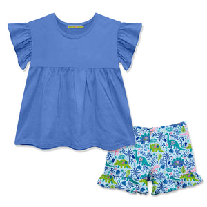 Millie Loves Lily Blue top and dinosaur-patterned shorts on a white background, front