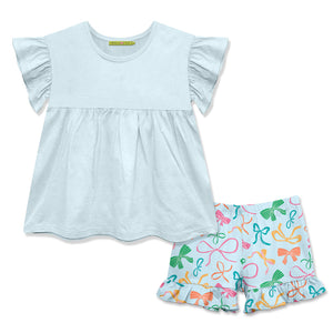 Millie Loves Lily Light blue top and colorful shorts with bow pattern on a white background, front