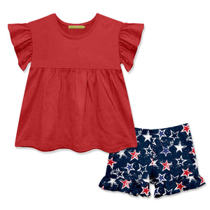 Kids Red Ruffle-Sleeve Baby-Doll Top & Stars Ruffle Shorts