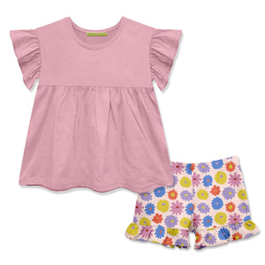 Kids Dusty Pink Ruffle Top & Floral Ruffle Shorts  ona white background, front