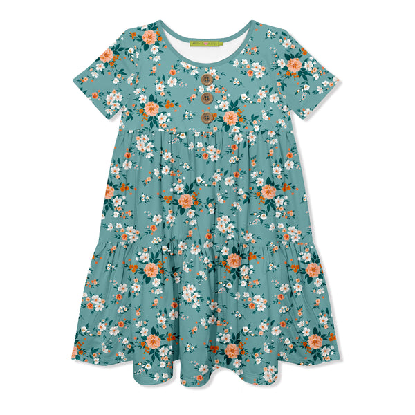 Nile Blue Small Flower Tiered Button-Front Dress