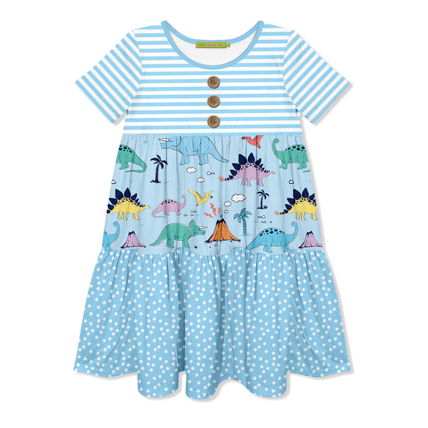 Light Blue Stripe Island Dino Tiered Button-Front Dress