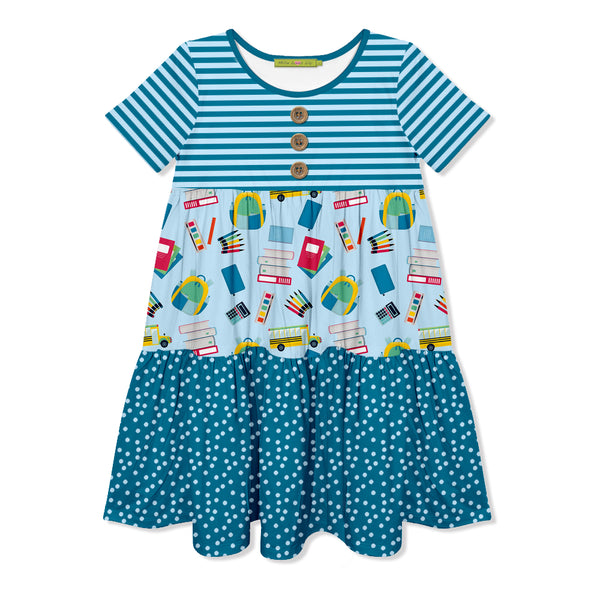 Teal Stripe School Supplies Tiered Button-Front Dress