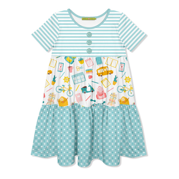 Aqua Stripe School Supplies Tiered Button-Front Dress