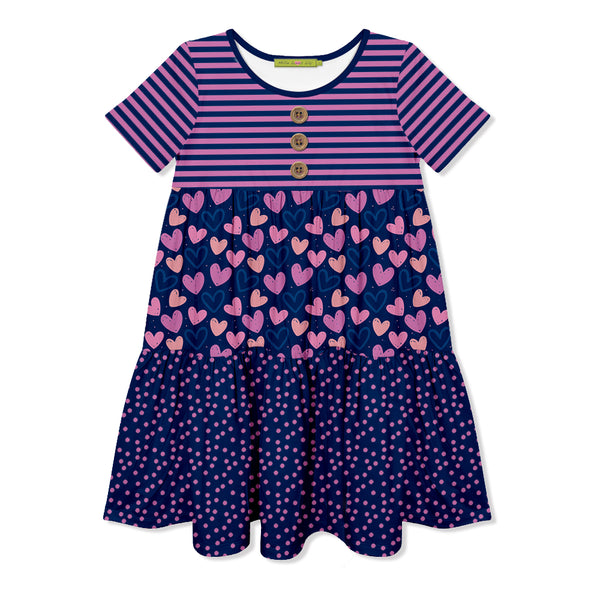 Navy Heart Tiered Button-Front Dress