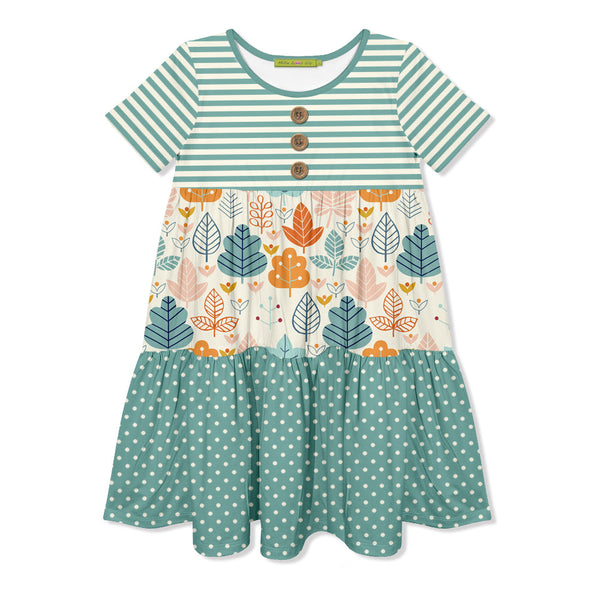 Kids Nile Blue Harvest Leaves Tiered Button-Front Dress
