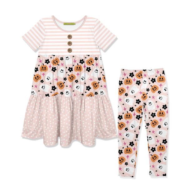 Pink Pumpkin Ghost Tiered Shift Dress & Leggings