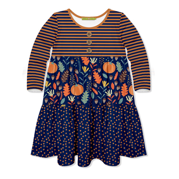 Navy Thanksgiving Leaves Tiered Button-Front Dress