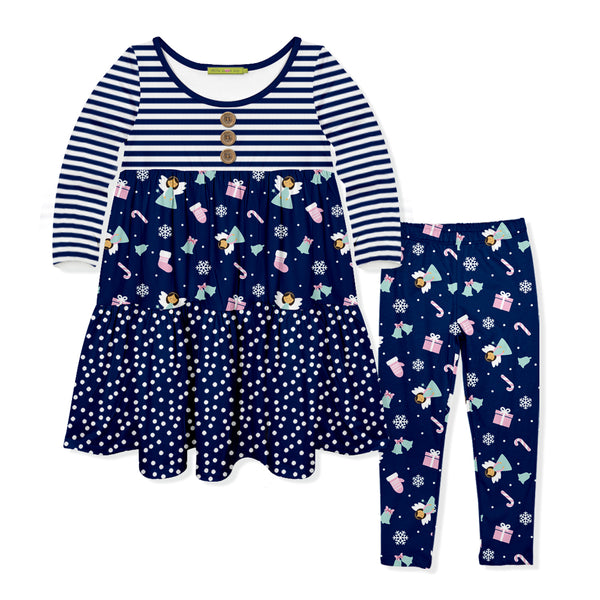 Navy Christmas Angels Tiered Button-Front Dress & Leggings