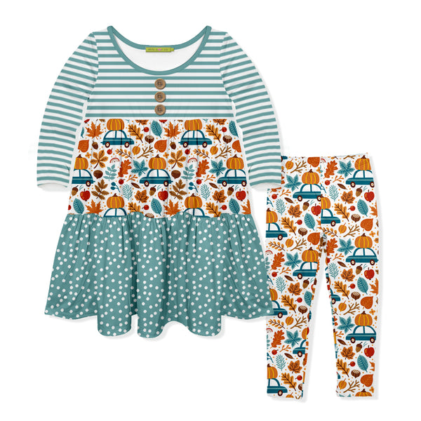 Nile Blue Pumpkins Trucks Tiered Button-Front Dress & Leggings