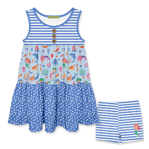 Kids Blue Mermaid Sea Tiered Sleeveless Dress & Stripe Shorts