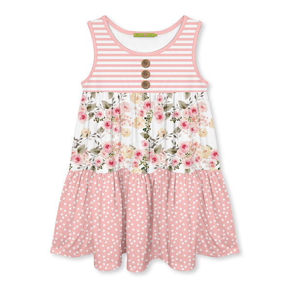 Kids Pink Wild Roses Tiered Sleeveless A-Line Dress