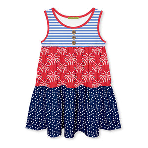 Kids Red Fireworks Tiered Sleeveless A-Line Dress
