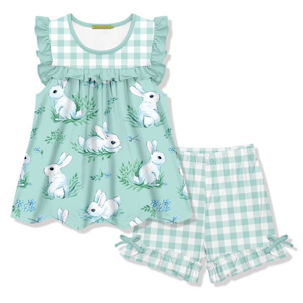 Mint Bunny Field Sleeveless Top & Gingham Bow Shorts