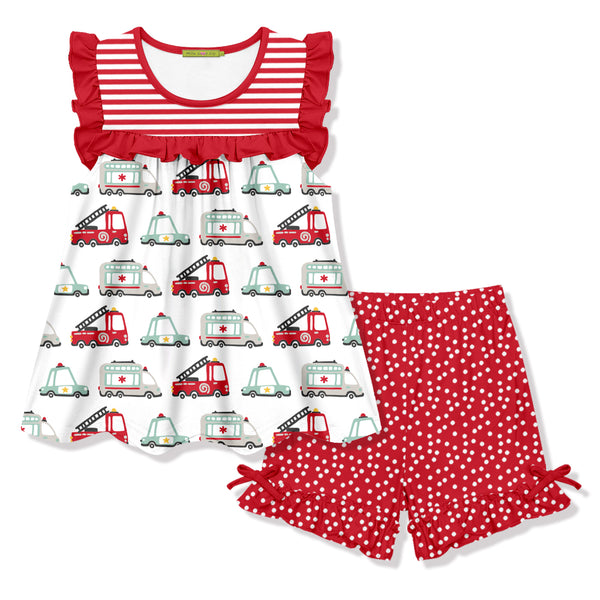 Red Helper Trucks Ruffle Sleeveless Top & Pin Dot Bow Shorts