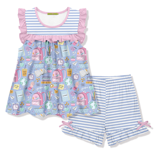 Periwinkle School Supplies Ruffle Sleeveless Top & Stripe Bow Shorts