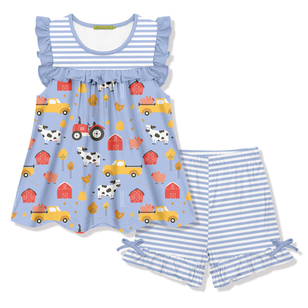Kids Periwinkle Farm Sleeveless Top & Stripe Bow Shorts